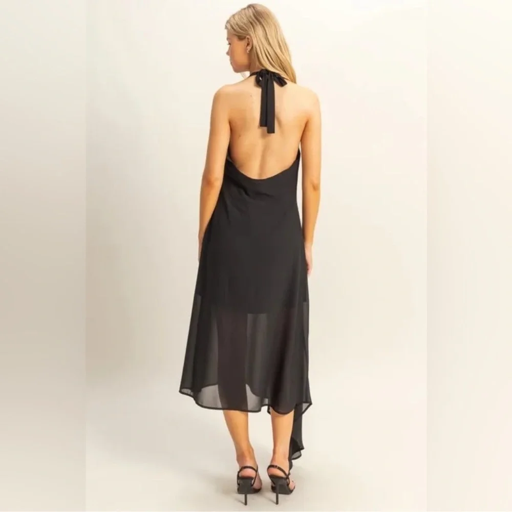 Black Halter Rosette Asymmetrical Dress - Picture 5 of 10
